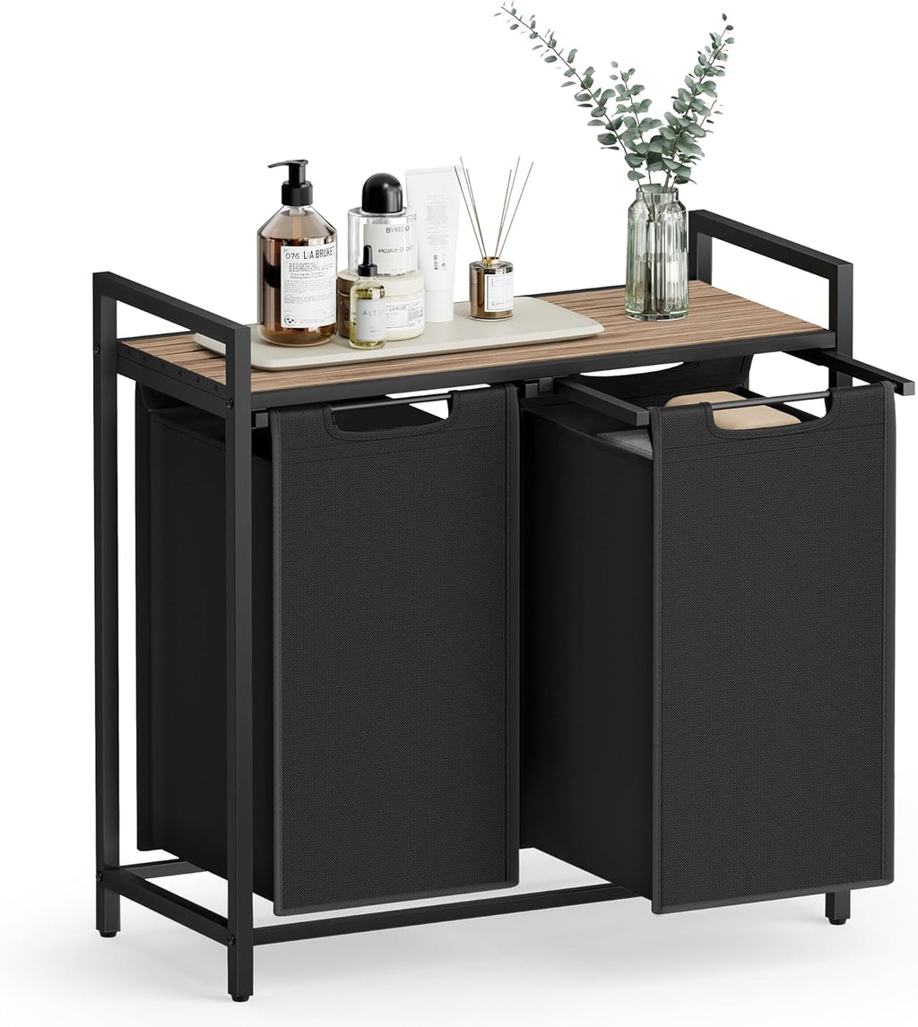 Pyykkikori, 2 lokeroa, ulos vedettävät ja irrotettavat pyykkipussit, hylly, metallirunko, 2 × 46 l, 73 × 33 × 72 cm, kamelinruskea ja musta