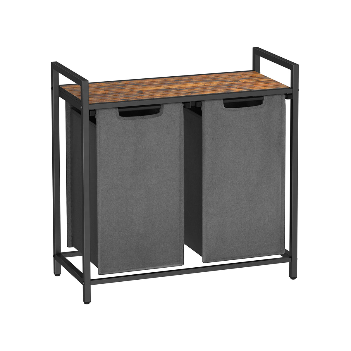 Pyykkikori, 2 lokeroa, Oxford-kangas, ulos vedettävät ja irrotettavat pyykkipussit, metallirunko, 2 × 46 l, 73 × 33 × 72 cm, rustiikkiruskea ja harmaa