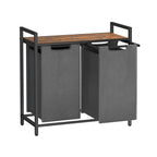 Pyykkikori, 2 lokeroa, Oxford-kangas, ulos vedettävät ja irrotettavat pyykkipussit, metallirunko, 2 × 46 l, 73 × 33 × 72 cm, rustiikkiruskea ja harmaa