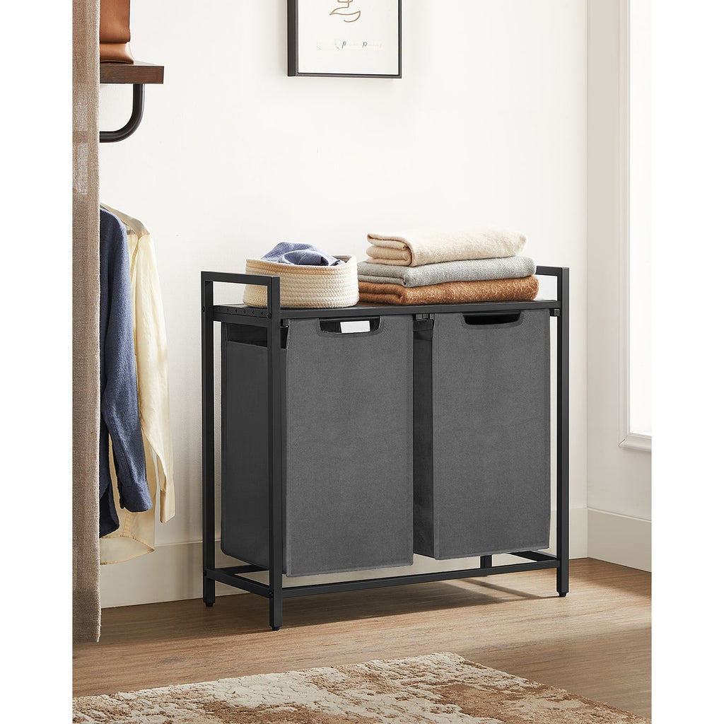 Pyykkikori, 2 lokeroa, Oxford-kangas, ulos vedettävät ja irrotettavat pyykkipussit, metallirunko, 2 × 46 l, 73 × 33 × 72 cm, rustiikkiruskea ja harmaa