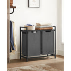 Pyykkikori, 2 lokeroa, Oxford-kangas, ulos vedettävät ja irrotettavat pyykkipussit, metallirunko, 2 × 46 l, 73 × 33 × 72 cm, rustiikkiruskea ja harmaa