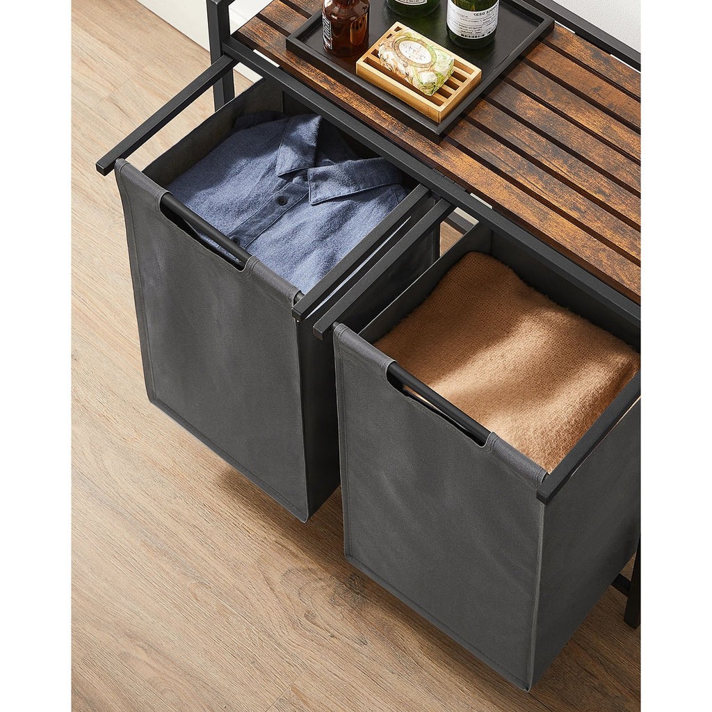 Pyykkikori, 2 lokeroa, Oxford-kangas, ulos vedettävät ja irrotettavat pyykkipussit, metallirunko, 2 × 46 l, 73 × 33 × 72 cm, rustiikkiruskea ja harmaa