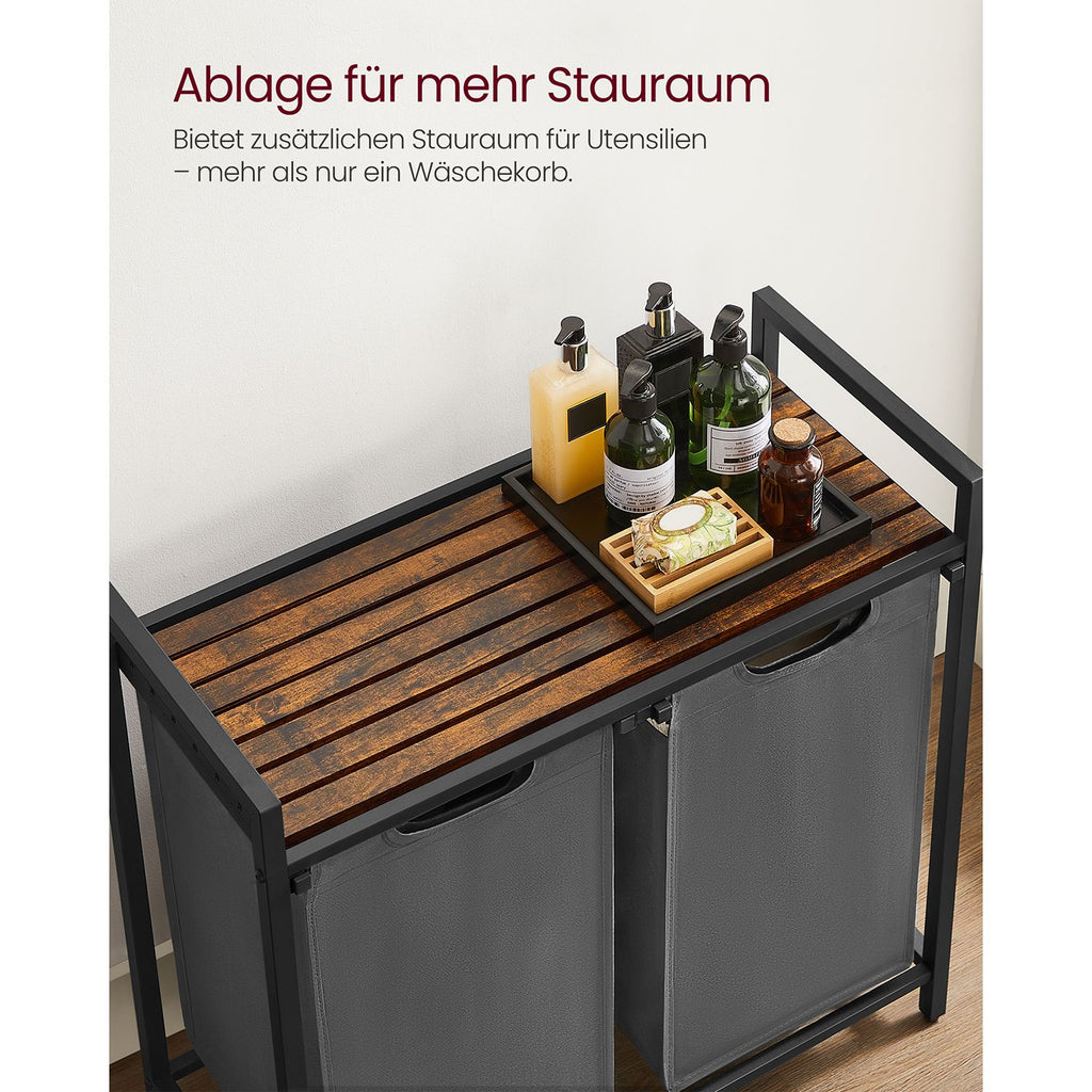 Pyykkikori, 2 lokeroa, Oxford-kangas, ulos vedettävät ja irrotettavat pyykkipussit, metallirunko, 2 × 46 l, 73 × 33 × 72 cm, rustiikkiruskea ja harmaa