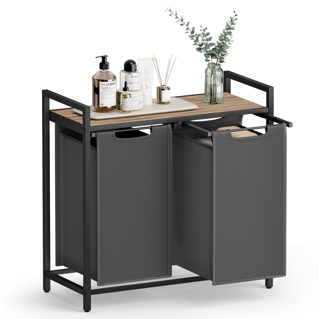 Pyykkikori, 2 lokeroa, ulos vedettävät ja irrotettavat pyykkipussit, hylly, metallirunko, 2 × 46 l, 73 × 33 × 72 cm, kamelinruskea ja harmaa