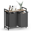 Pyykkikori, 2 lokeroa, ulos vedettävät ja irrotettavat pyykkipussit, hylly, metallirunko, 2 × 46 l, 73 × 33 × 72 cm, kamelinruskea ja harmaa