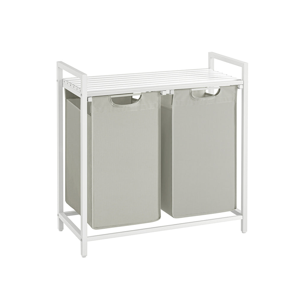 Pyykkikori, 2 lokeroa, ulos vedettävät ja irrotettavat pyykkipussit, hylly, metallirunko, 2 × 46 l, 73 × 33 × 72 cm, valkoinen