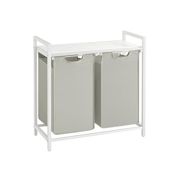 Pyykkikori, 2 lokeroa, ulos vedettävät ja irrotettavat pyykkipussit, hylly, metallirunko, 2 × 46 l, 73 × 33 × 72 cm, valkoinen