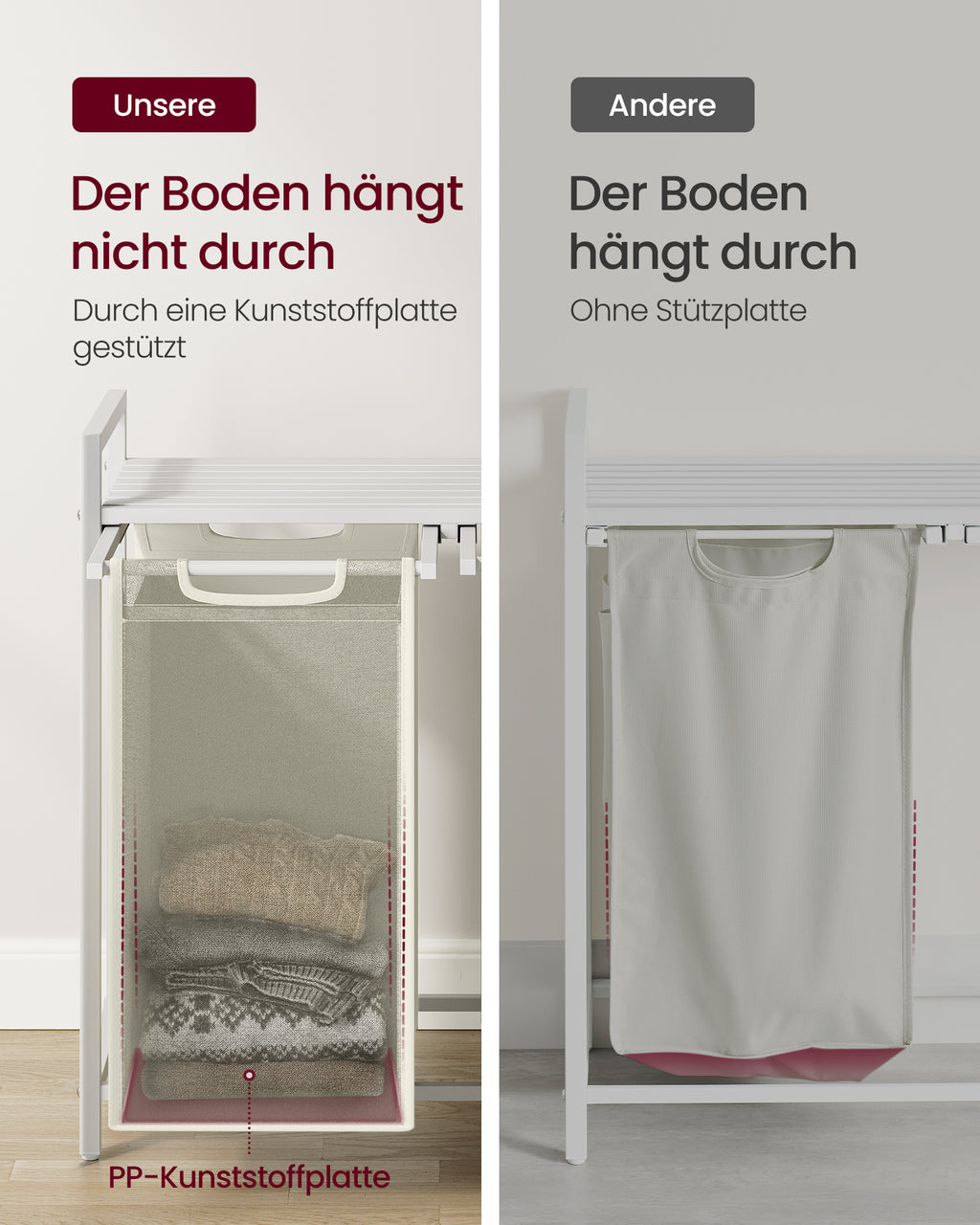 Pyykkikori, 2 lokeroa, ulos vedettävät ja irrotettavat sisäpussit, hylly, metallirunko, 2 × 46 l, 73 × 33 × 72 cm, kremanvalkoinen ja mattavalkoinen, BRENTA-sarja