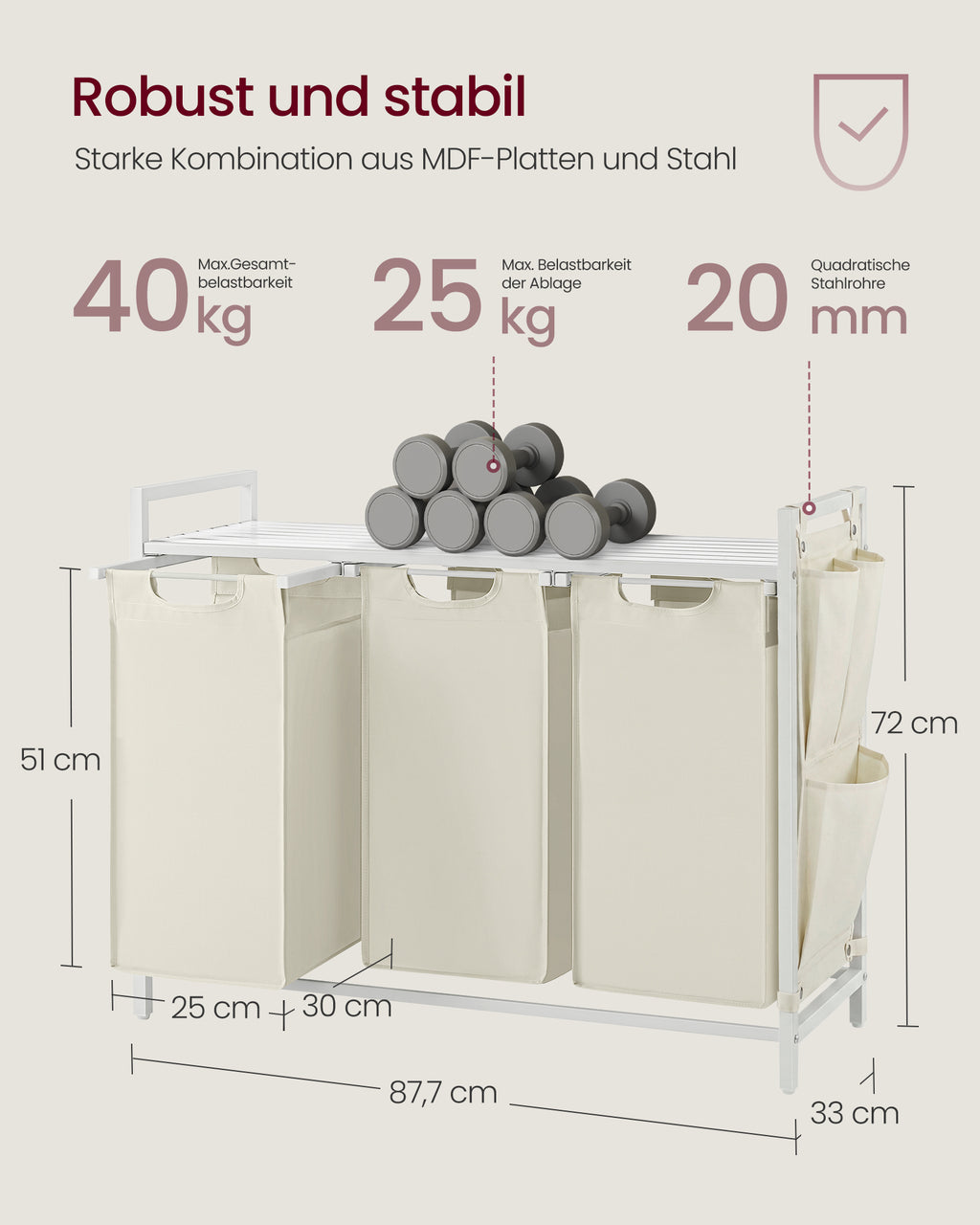 Pyykkikori hyllyllä, 3 ulos vedettävää pussia, 3 × 40 l, metallirunko, pilvenvalkoinen ja valkoinen, BRENTA-sarja