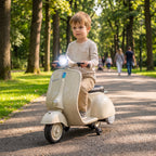 Lasten sähkömopo Vespa litiumakulla, tukipyörät, pehmeä lähtö, USB ja musiikki, 3 v+, valkoinen