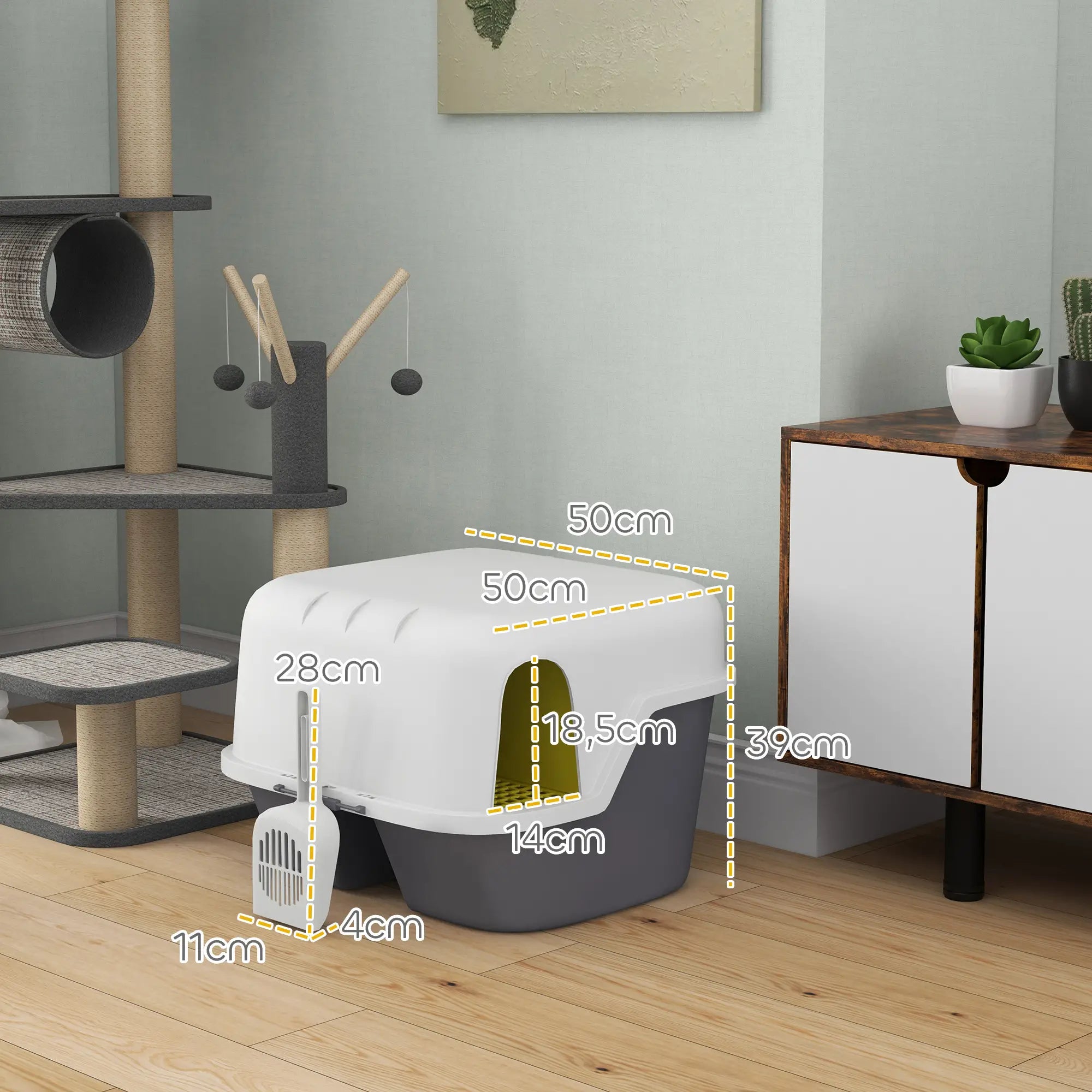 Suljettu kissanvessa kannella ja lapiolla, helppo puhdistaa, valkoinen