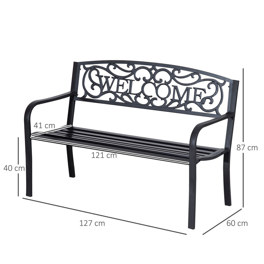 Metallinen puutarhapenkki Welcome-koristeella, 2-istuttava, 127 cm, musta