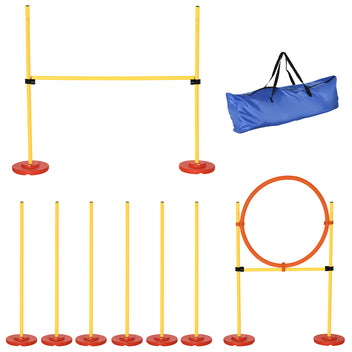 Koiran agility-setti 3 osaa: hyppyeste, rengas ja 6 pujottelukeppiä, säädettävä, keltainen