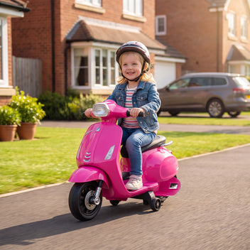 Lasten sähkömopo Vespa 6V tukipyörillä, ajovalo ja äänitorvi, 2,5 km/h, 2–4 v, pinkki