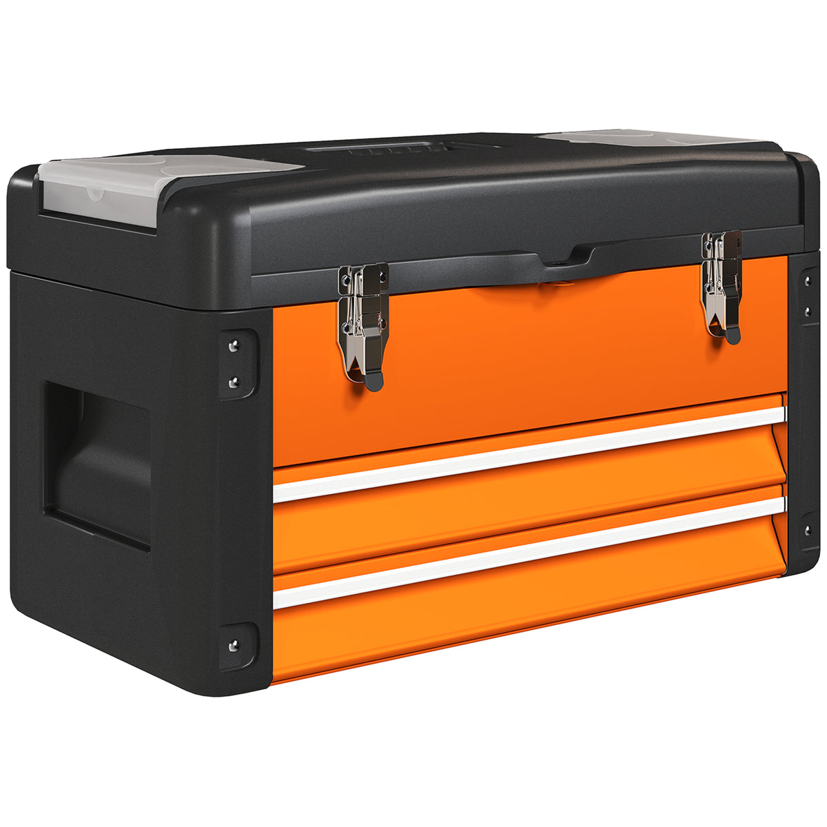 Työkalulaatikko 2 vetolaatikolla, irrotettavalla tarjottimella ja pienosarasioilla, 49,7 x 25,3 x 28,9 cm, oranssi