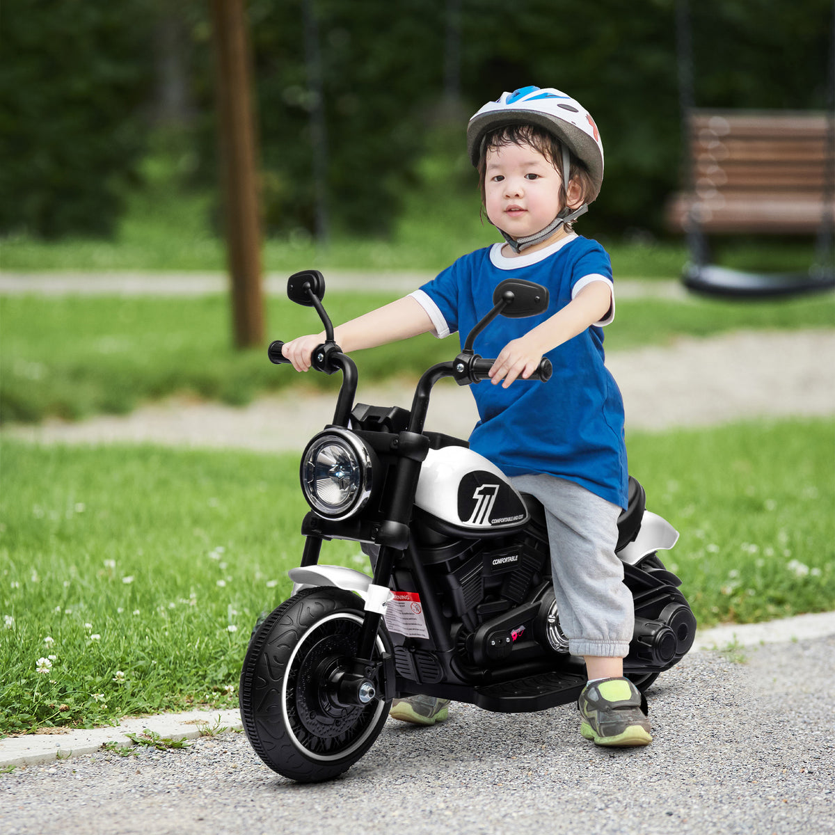 Lasten sähkömoottoripyörä 6V tukipyörillä ja ajovalolla, 3 km/h, 18–36 kk, valkoinen/musta