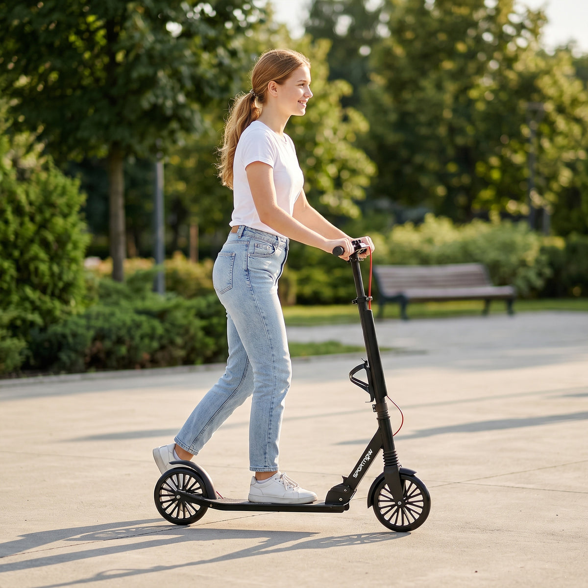 Potkulauta alumiinia, 200 mm PU-pyörät, etujousitus ja kaksoisjarrut, kokoontaitettava, musta
