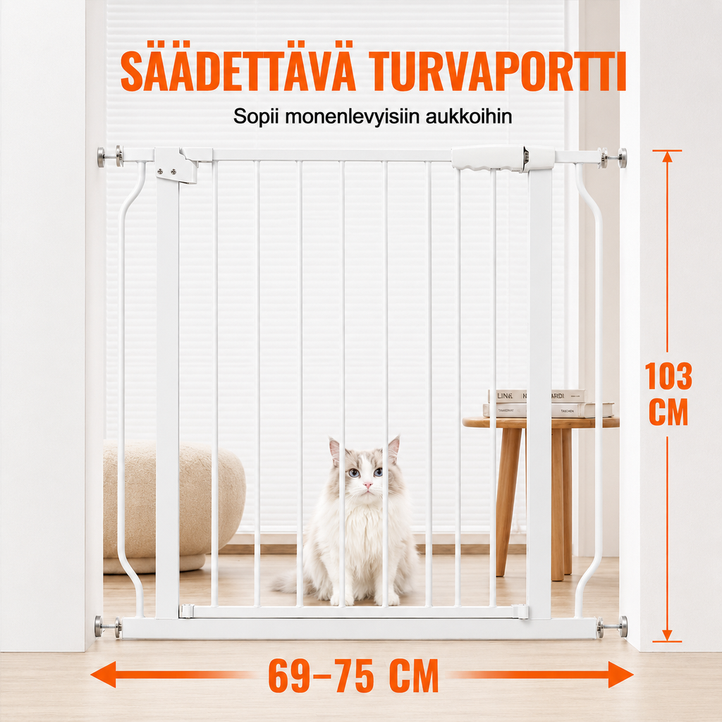 Metallinen Koiraportti 103 x 69 - 75 cm, puristinkiinnitys, valkoinen