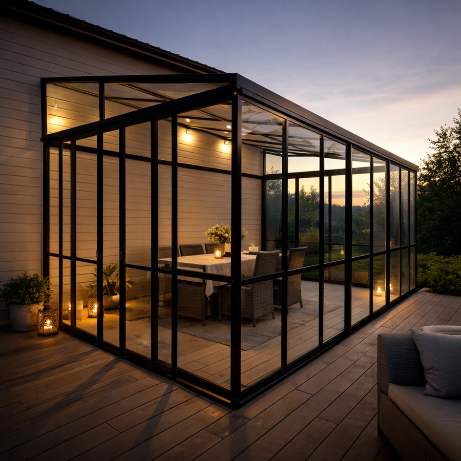 Glaspaviljong 510 x 290 cm – 3,6 mm härdat glas, 4 mm PC-tak, 3 skjutdörrar