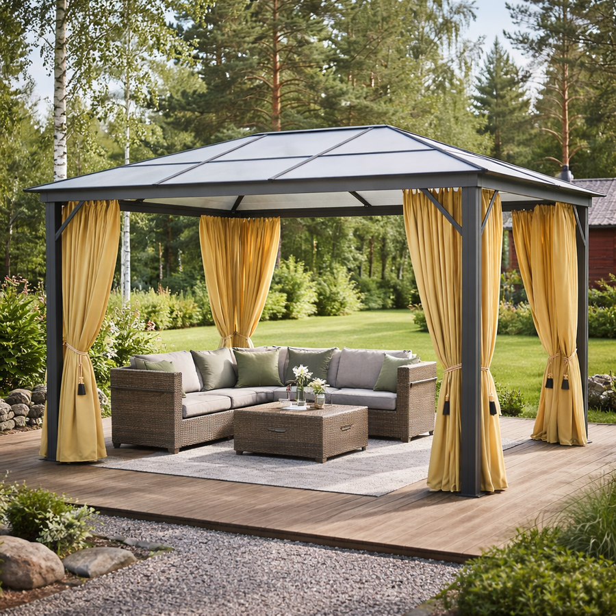 OUTLET! Paviljongin verhot ja hyttysverkko 3x4 m – kovakattoiseen paviljonkiin, beige - LUE TUOTEKUVAUS