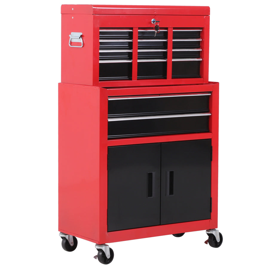 Työkalukaappi ja irrotettava työkalulaatikko, 6 laatikkoa ja alakaappi, pyörät, metalli, punainen
