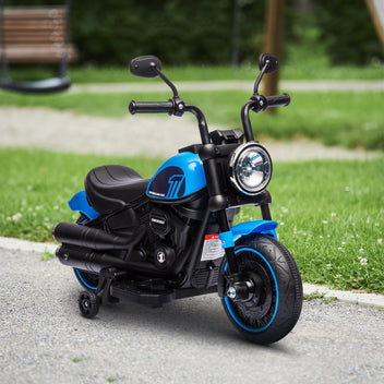 Lasten sähkömoottoripyörä 6V tukipyörillä ja ajovalolla, 3 km/h, 18–36 kk, sininen/musta