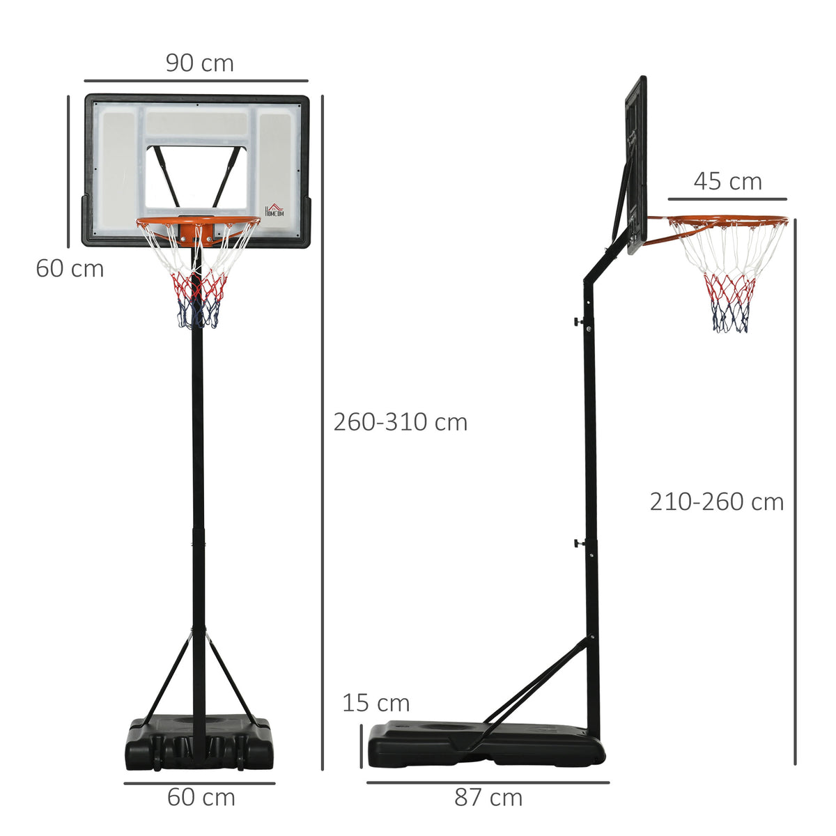 Siirrettävä koripalloteline, korin korkeus 210–260 cm, taululevy 90 x 60 cm, musta