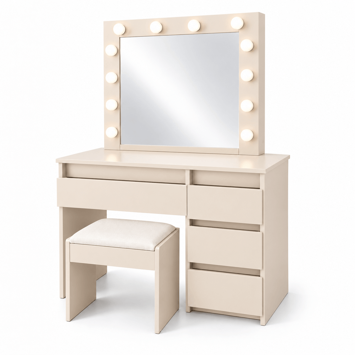 Meikkipöytä Julia Hollywood-peilillä ja tuolilla, beige 94 x 43 x 140 cm