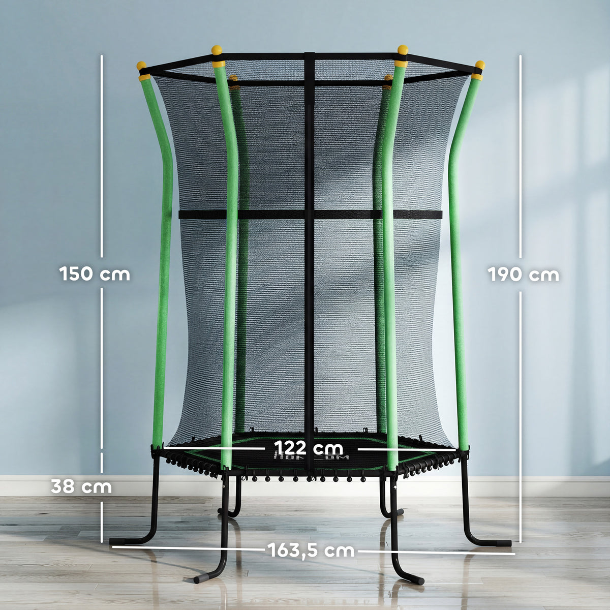 Lasten trampoliini 122 x 111 cm turvaverkolla, jouseton, pehmustettu, musta/vihreä