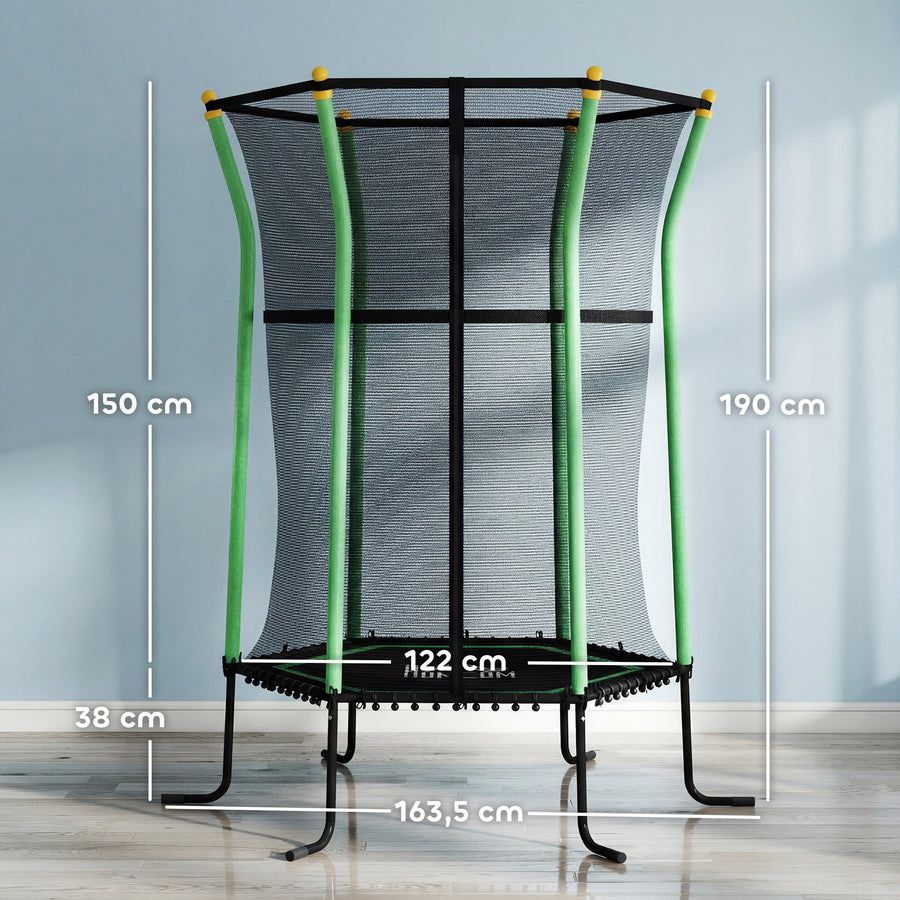 Lasten trampoliini 122 x 111 cm turvaverkolla, jouseton, pehmustettu, musta/vihreä