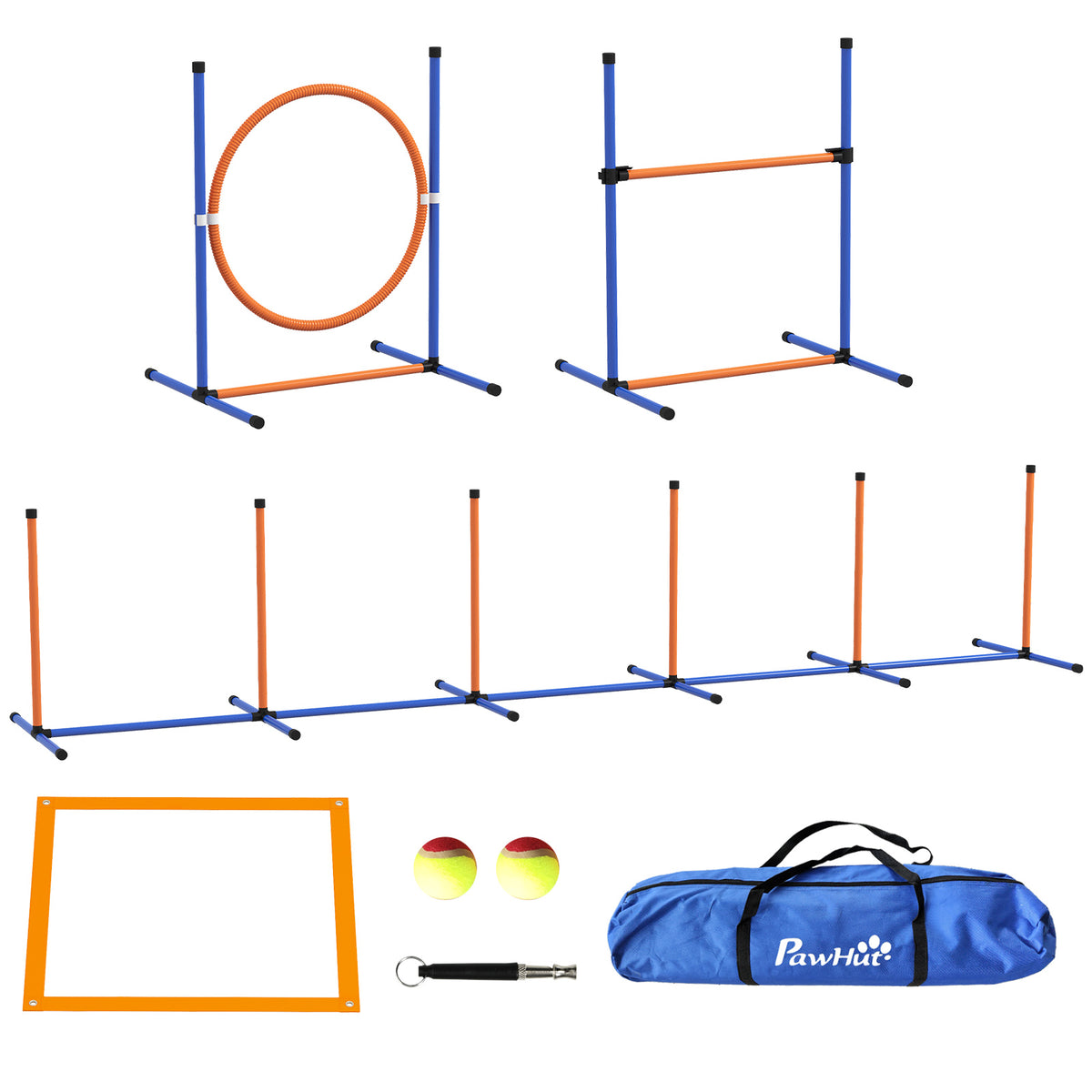 Koiran agility-rata 7 osaa: pujottelu, esteet, rengas, tunnelit ja pysähdysruutu, oranssi/sininen