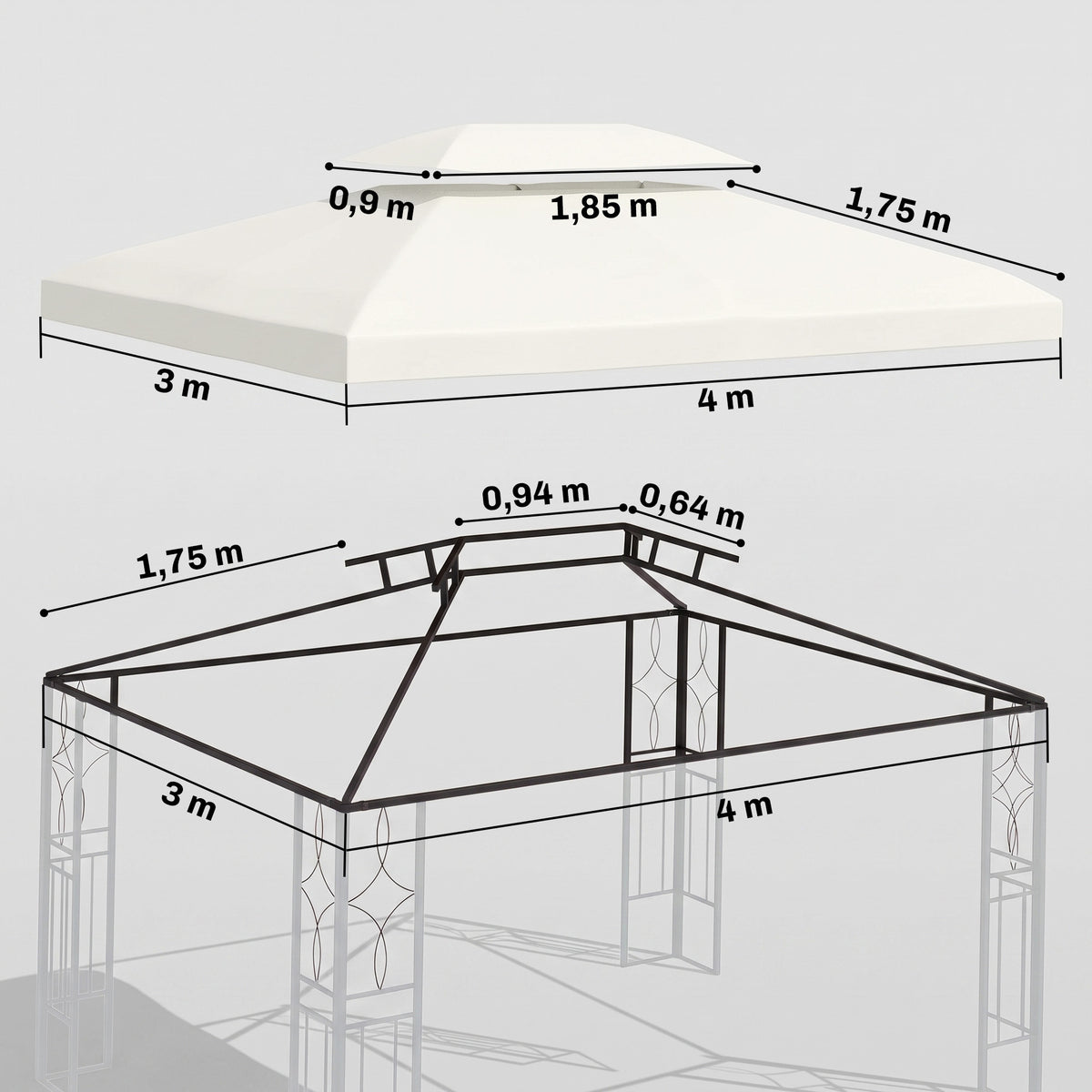 Varakatto 3 x 4 m paviljonkiin, kaksoiskatto, kermanvalkoinen
