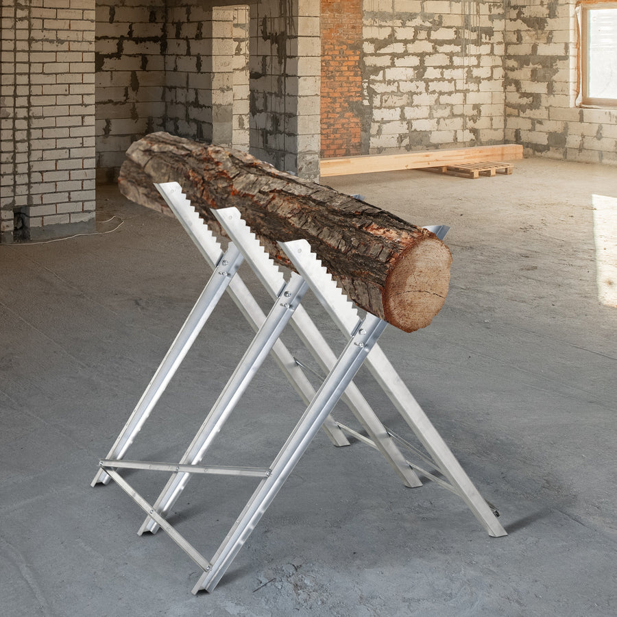 Polttopuupukki moottorisahalle, kokoontaitettava, puille Ø 25 cm asti, kantavuus 100 kg, hopea