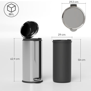 Polkimella avattava roskakori 30 l, pyöreä, ruostumaton teräs, irrotettava sisäastia, hopea/musta