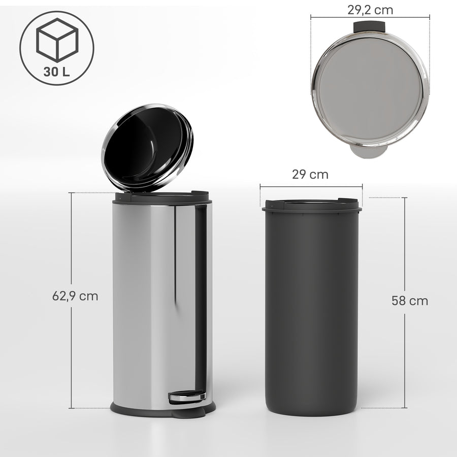 Polkimella avattava roskakori 30 l, pyöreä, ruostumaton teräs, irrotettava sisäastia, hopea/musta