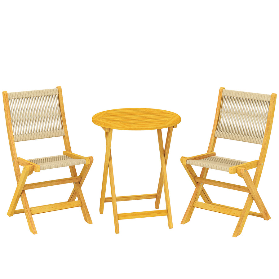 Taittuva parvekeryhmä akaasiapuuta ja punosta, pöytä + 2 tuolia, luonnonpuu/beige