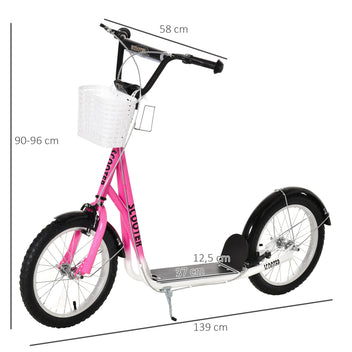 Lasten potkulauta korilla ja mukitelineellä, lokasuojat, kaksoisjarrut, 5–12 v, valkoinen/pinkki