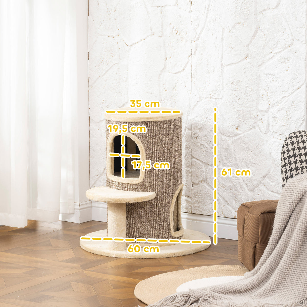 Kaksikerroksinen kissan raapimistynnyri hyppytasolla, 61 cm, beige/ruskea