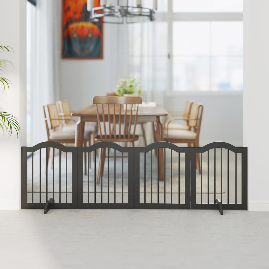 Koiraportti neljä paneelia ja tukijalat, massiivipuu ja MDF, taittuva, 208 x 61 cm, musta