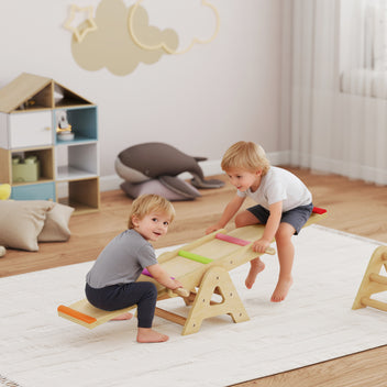 Lasten keinulauta ja tasapainopuomi 2-in-1, puu, 133 x 38 x 24 cm, 2–4 v