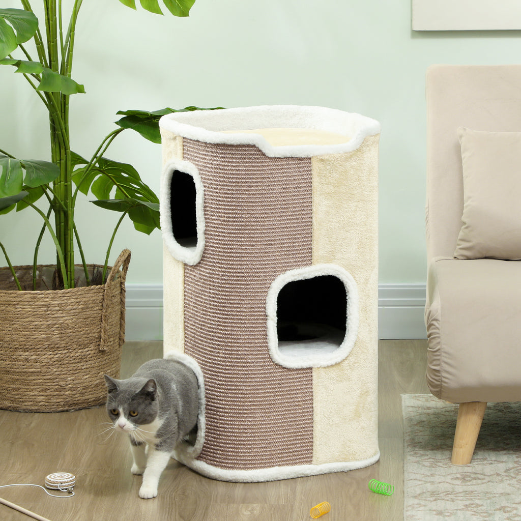 Kolmikerroksinen kissan raapimistorni, 40 x 40 x 74 cm, beige/valkoinen