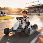 Lasten sähkökartingauto 24V driftitilalla, 6–18 km/h, säädettävä istuin, valkoinen