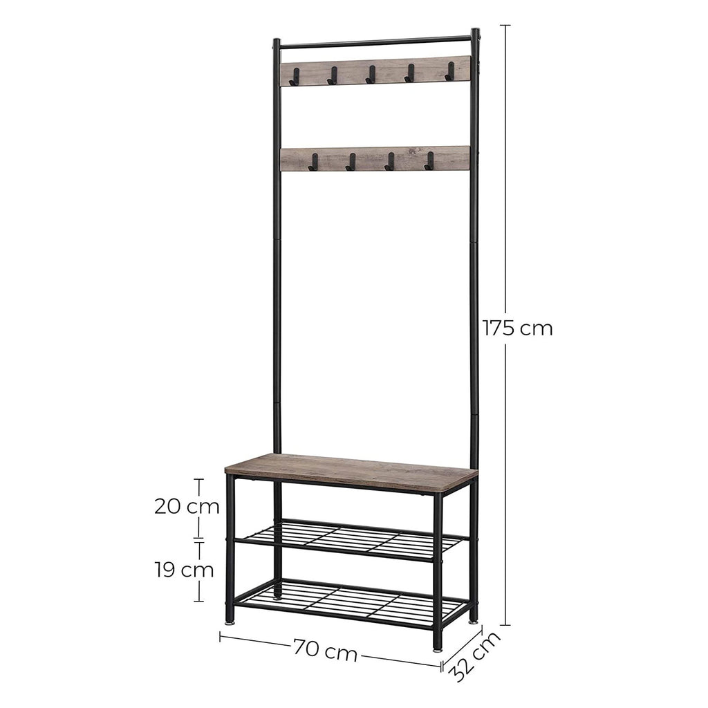 Eteiskaluste, naulakko kenkäpenkillä ja kenkätelineellä, 3-in-1-rakenne, teräsrunko, eteiseen, 32,5 × 70 × 175 cm, industrial-tyyli, greige ja musta
