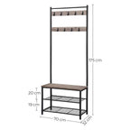 Eteiskaluste, naulakko kenkäpenkillä ja kenkätelineellä, 3-in-1-rakenne, teräsrunko, eteiseen, 32,5 × 70 × 175 cm, industrial-tyyli, greige ja musta