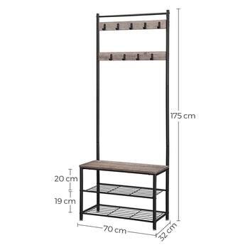 Eteiskaluste, naulakko kenkäpenkillä ja kenkätelineellä, 3-in-1-rakenne, teräsrunko, eteiseen, 32,5 × 70 × 175 cm, industrial-tyyli, greige ja musta