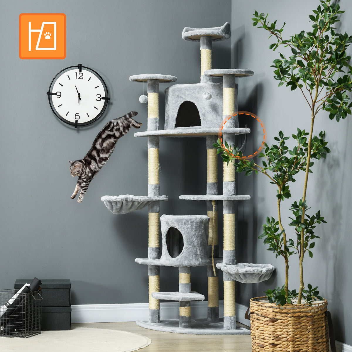 Iso kissan raapimispuu kahdella pesällä ja riippumatolla, 200 cm, vaaleanharmaa