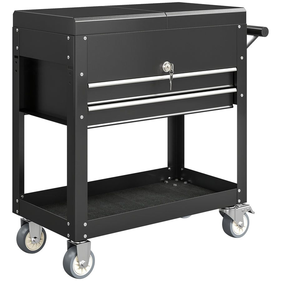 Työkaluvaunu jatkettavalla työtasolla, laatikko ja hylly, lukittava, teräs, 77,5–130 x 38 x 80 cm