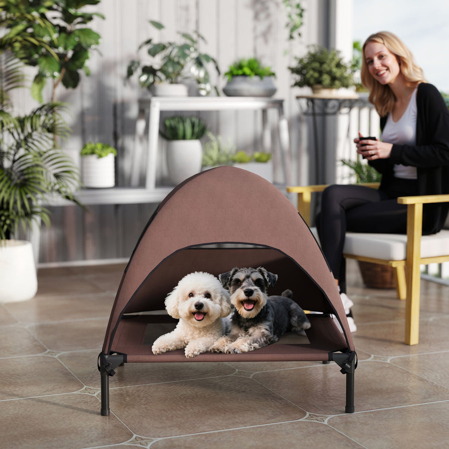 Koiran kenttäpeti irrotettavalla katoksella, korotettu 18 cm, keskikokoisille, 76 x 61 x 71 cm, kahvi