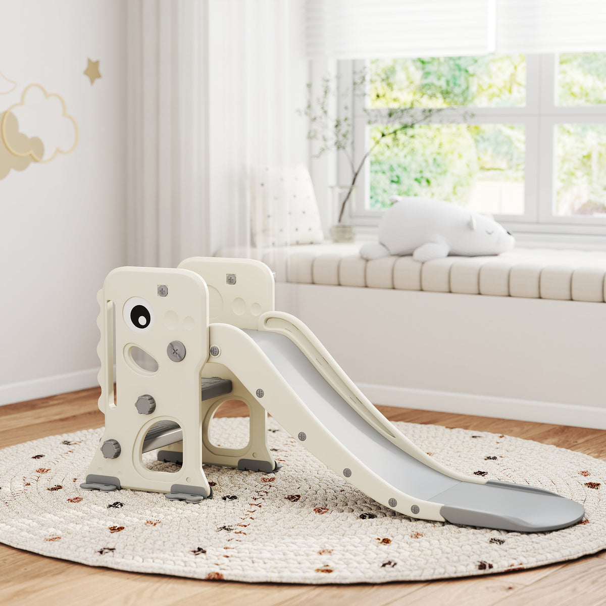 Lasten liukumäki 3-in-1 dinosaurus, kokoontaitettava, koripallokori, 2–5 v, kermanvalkoinen