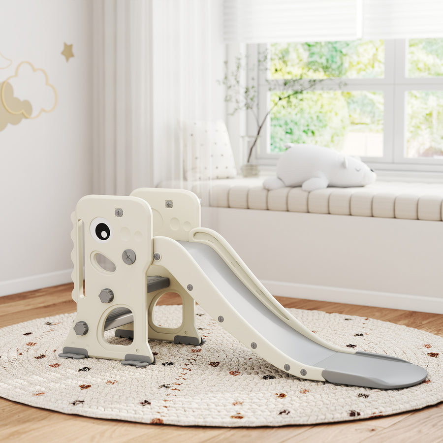 Lasten liukumäki 3-in-1 dinosaurus, kokoontaitettava, koripallokori, 2–5 v, kermanvalkoinen